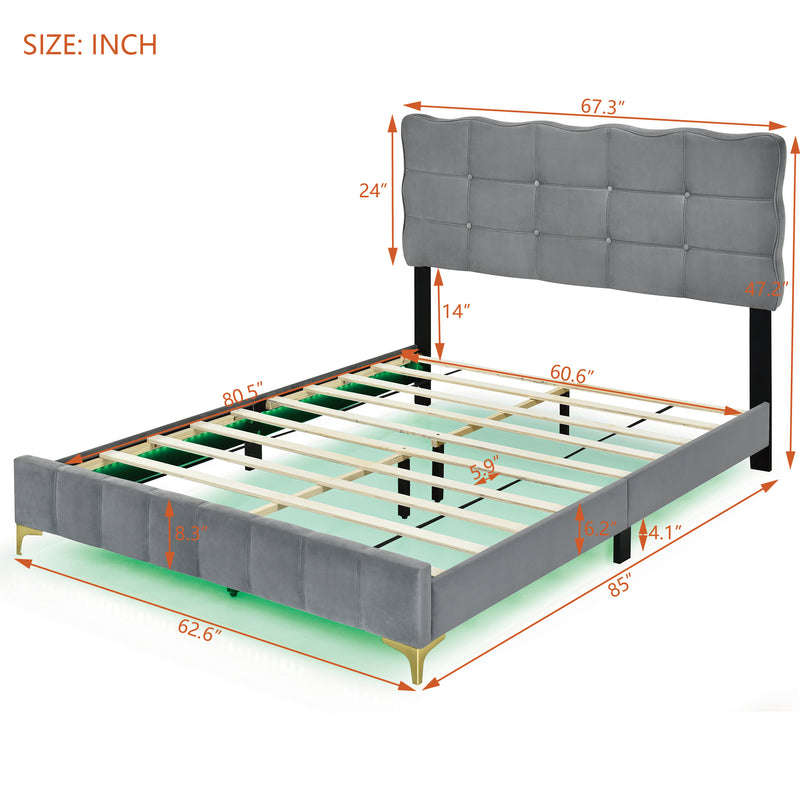 Queen Size Velvet Platform Bed with LED Frame and Stylish Mental Bed Legs, Gray