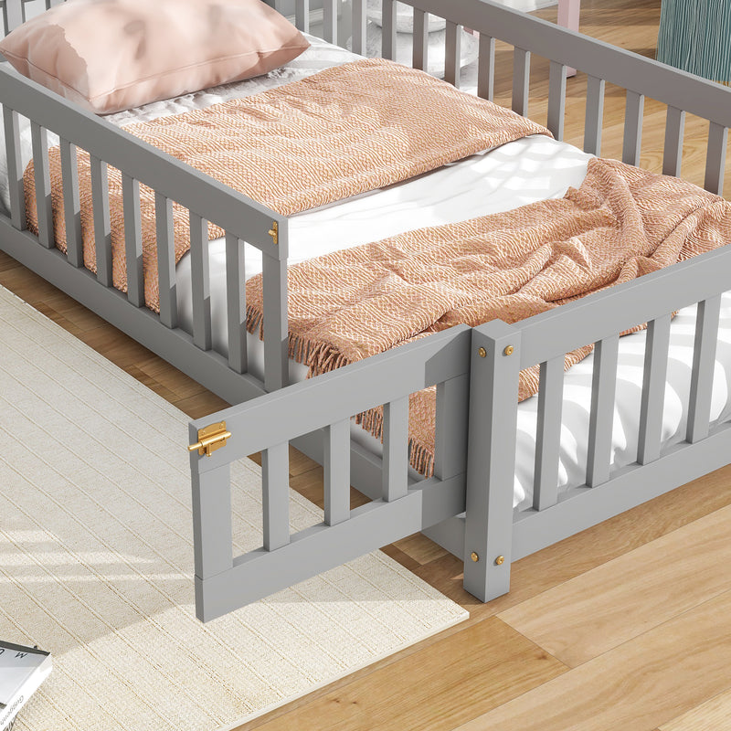 Twin House-Shaped Headboard Floor Bed with Fence,Grey