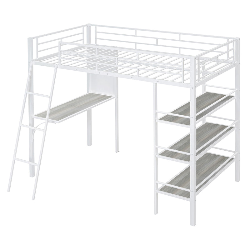 Loft Metal Bed With 3 Layers Of Shelves And Desk, Stylish Metal Frame Bed With Whiteboard