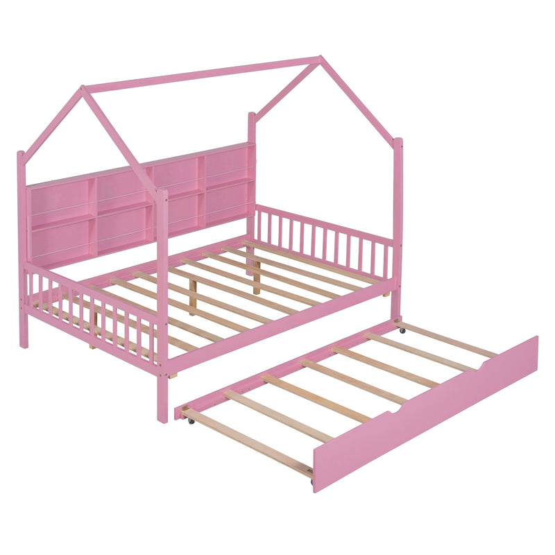 Wooden Full Size House Bed with Trundle,Kids Bed with Shelf,Pink