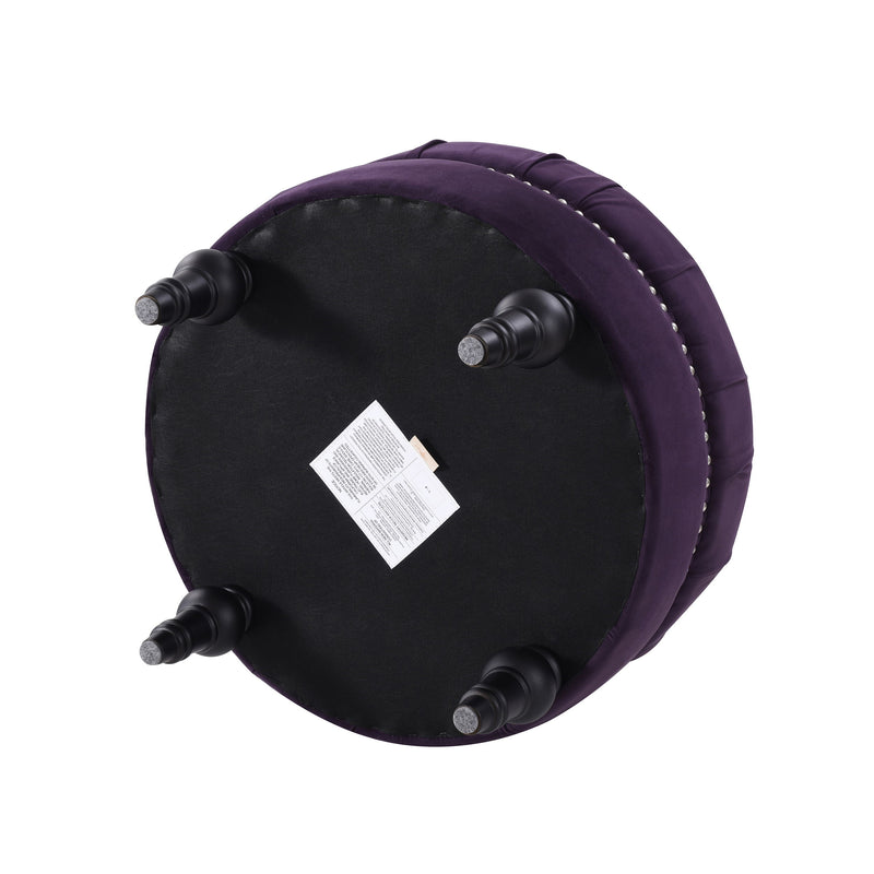 Dawn - Tufted Round Ottoman Nailhead Accents - Purple