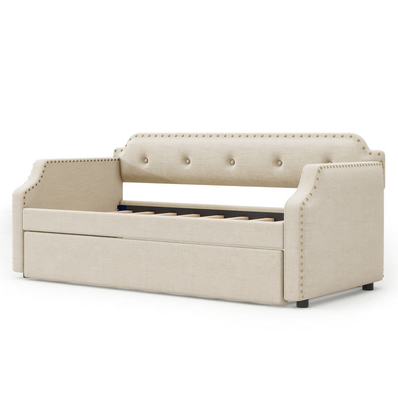 Upholstered Daybed with Trundle, Wood Slat Support,Upholstered Frame Sofa Bed, Twin, Beige