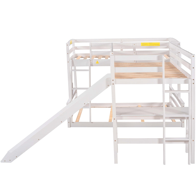 Twin over Full Bunk Bed with Twin Size Loft Bed with Desk and Slide,Full-Length Guardrail, White