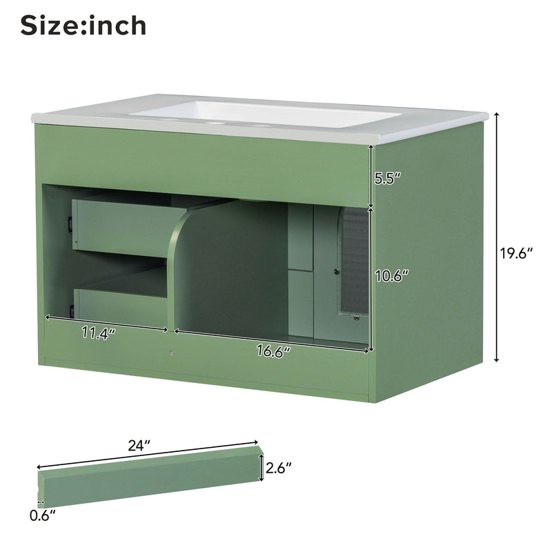 Elegant Floating Bathroom Vanity Sink And Cabinet Combo 1 Door And 2 Drawers - Green