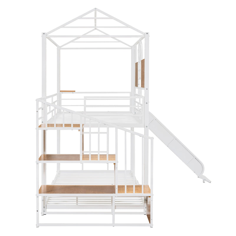 Metal Bunk Bed, Metal Housebed With Slide And Storage Stair