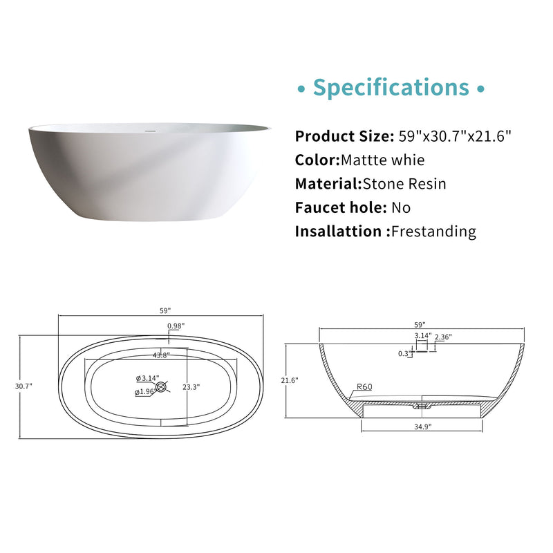 Solid Surface Matte Tub, Solid Surface Soaking Tub, Stone Resin Freestanding Bathtub, Thick Edge Stand Alone Tubs With Overflow, Pop-Up Drain (Oval) - Matte White