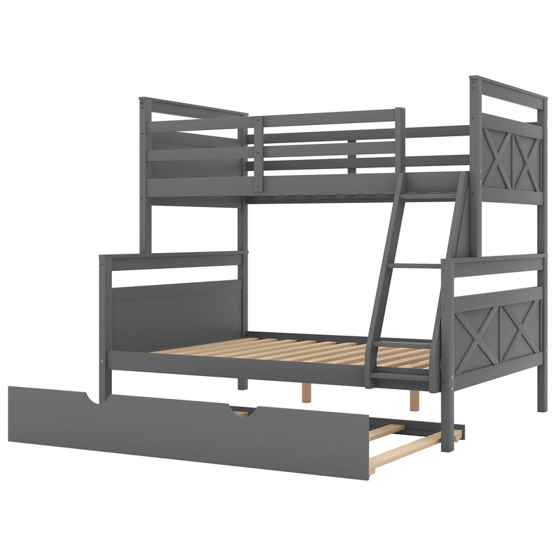 Twin over Full Bunk Bed with Ladder, Twin Size Trundle, Safety Guardrail, Gray