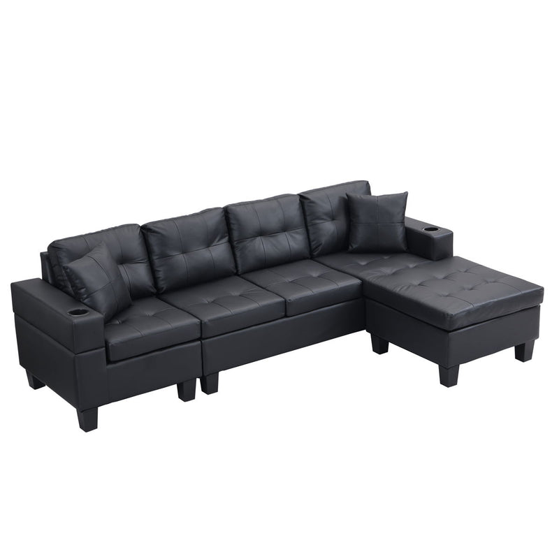 Sectional Sofa Set For Living Room With L Shape Chaise Lounge, Cup Holder, Left Or Right Hand Chaise Modern 4 Seat - Black