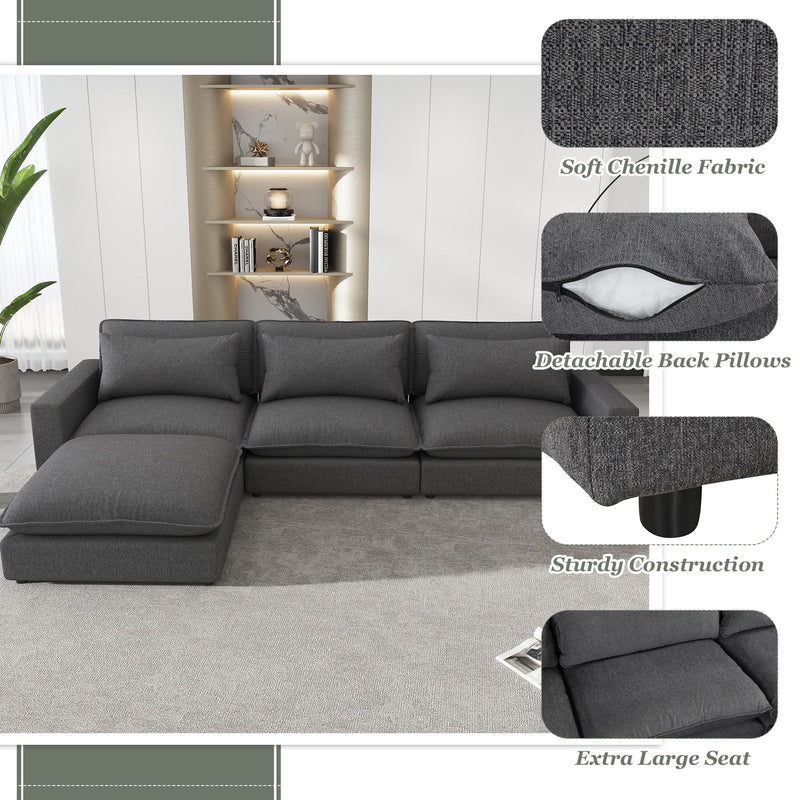 Sectional Sofa Cloud Sofa Chenille Upholstered Sofa Couch With Movable Ottoman, Comfortable Seat Cushions, Charging Ports And Three Back Pillows For Living Room