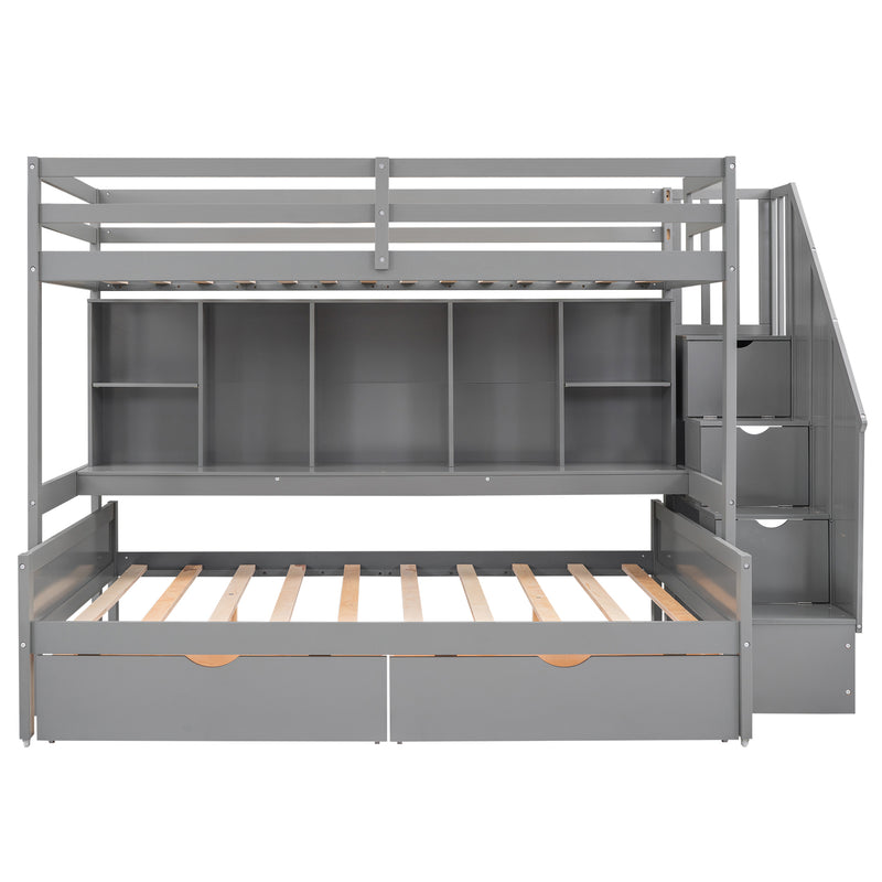 Twin XL over Full Bunk Bed with Built-in Storage Shelves, Drawers and Staircase,Gray