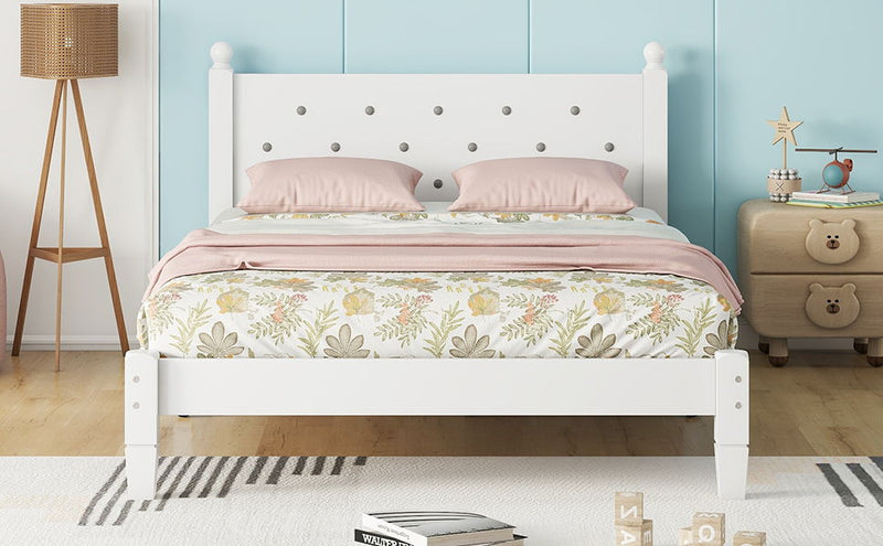 Twin Bed With Button-Decoration Headboard, With Bed Slats - White