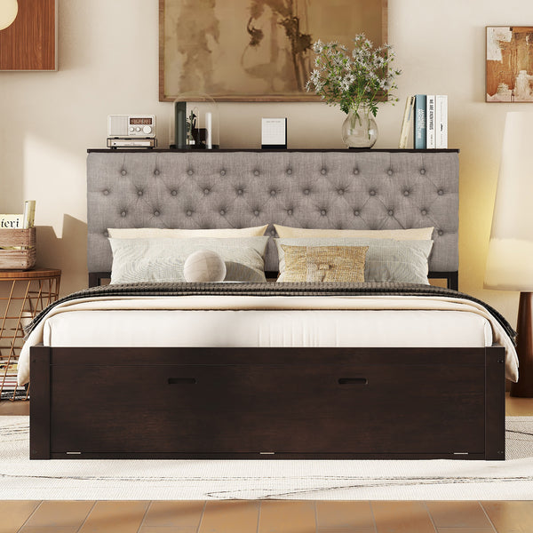 Wood Queen Size Platform Bed with Storage Headboard, shoe rack and 4 drawers,Espresso