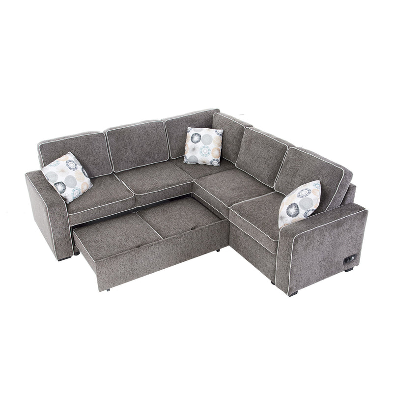 L-Shaped Pull Out Sofa Bed Modern Convertible Sleeper Sofa With 2 USB Ports, 2 Power Sockets And 3 Pillows For Living Room