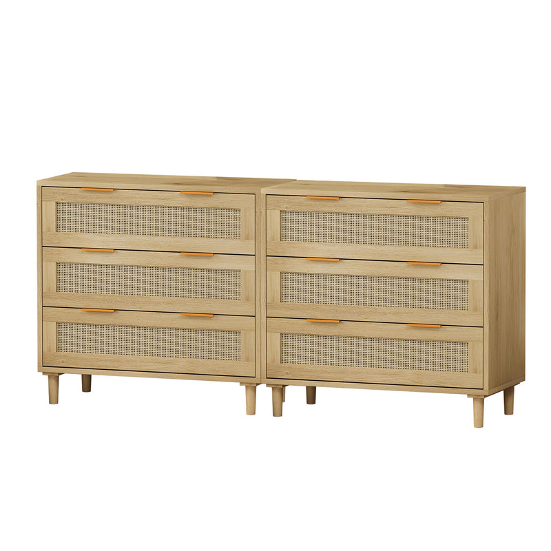 3 Drawers Rattan Storage Cabinet Rattan Drawer, For Bedroom, Living Room, Dining Room, Hallways (Set of 2) - Oak