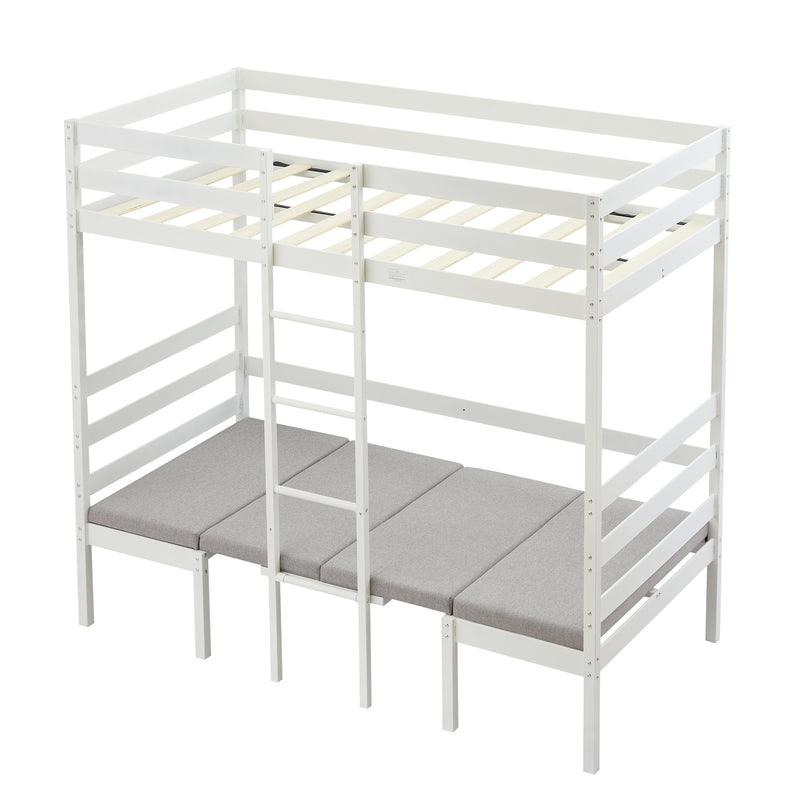 Twin Over Twin Bunk Beds Can be Turn into Upper Bed and Down Desk, Cushion Sets are Free for Kids, Teens, Girls, Boys. White,79''L x 40.9''W x 79''H.