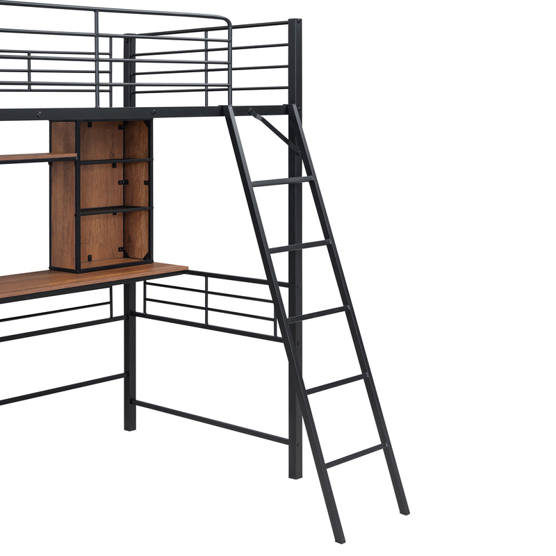 Twin Size Loft Bed with Desk and Shelf , Loft Bed with Ladder,Twin,Black