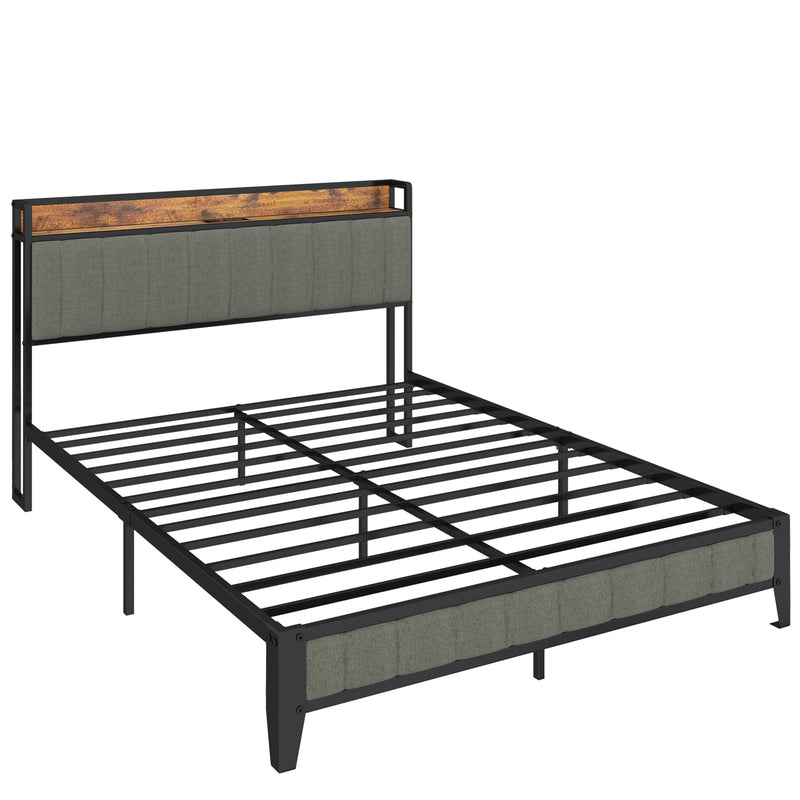 Queen Size Bed Frame with Charging Station, Upholstered Headboard, Metal Platform, Dark Grey