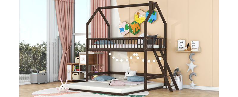 Twin Over Twin-Twin House Bunk Bed with Extending Trundle and Ladder