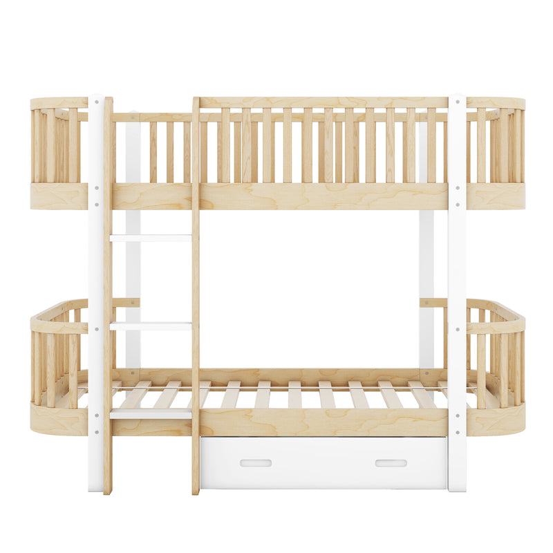 Wood Twin over Twin Bunk Bed with Fence Guardrail and a Big Drawer, Natural White