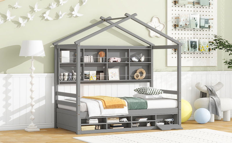 House Bed With Roof Frame, Bedside-Shelves, Under Bed Storage Unit