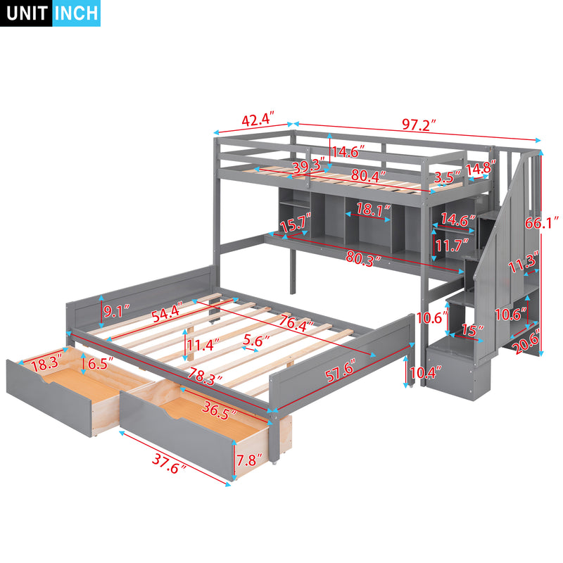 Twin XL over Full Bunk Bed with Built-in Storage Shelves, Drawers and Staircase,Gray
