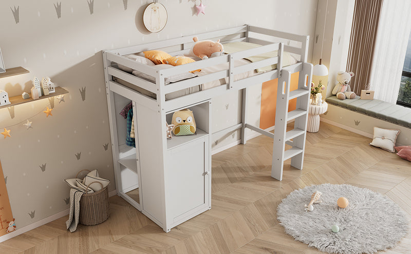 Twin Loft Bed with Wardrobe, Storage Shelves and Ladder, White