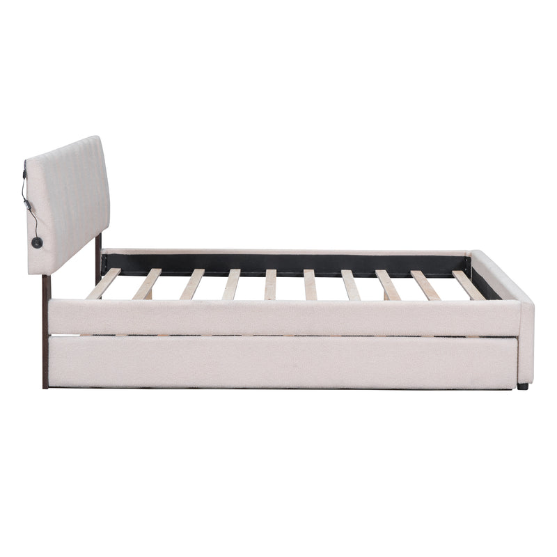 Teddy Fleece Queen Size Upholstered Platform Bed with Trundle, Beige