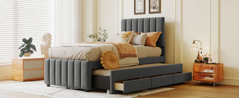 Twin Size Upholstered Platform Bed with Trundle and 3 Drawers, Linen Fabric, Gray