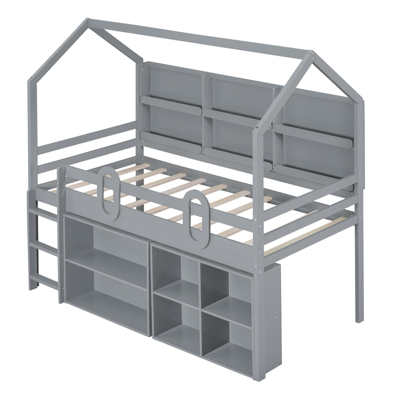 Twin Size House Loft Bed with Multiple Storage Shelves, Grey