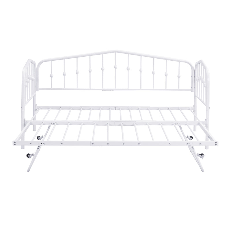 Twin Size Stylish Metal Daybed with Twin Size Adjustable Trundle, Portable Folding Trundle, White