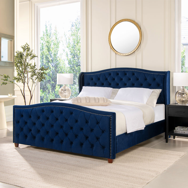 Marcella - King Upholstered Shelter Headboard Bed Set - Navy Blue