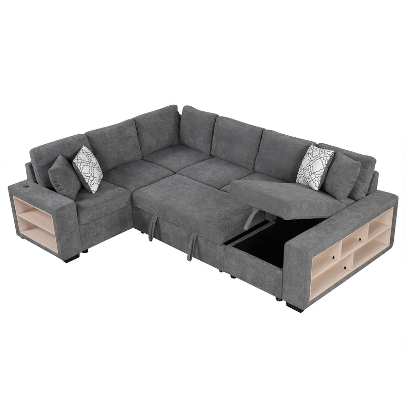 U-Shaped Sectional Sofa Pull-Out Sofa Bed With Two USB Ports, A Storage Chaise Lounge And Four Back Pillows For Living Room