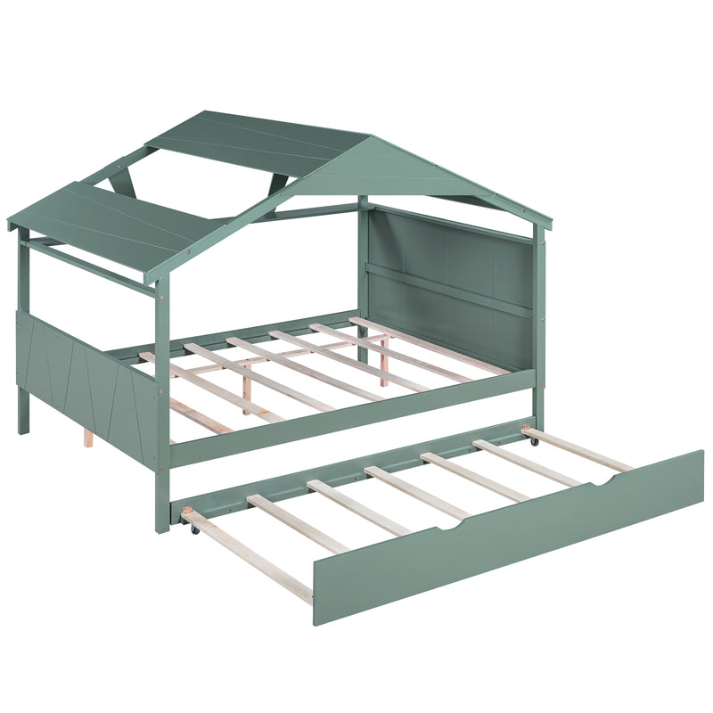 Wood Full Size House Bed with Twin Size Trundle and Storage, Green