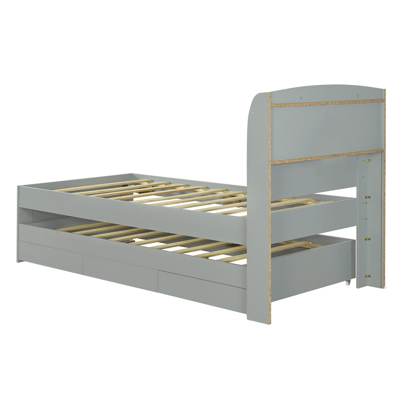 Twin XL Size Platform Bed with Storage LED Headboard, Charging Station, Twin Size Trundle and 2 Drawers, Gray