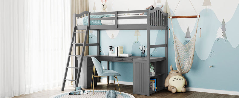 Twin size Loft Bed with Drawers, Cabinet, Shelves and Desk, Wooden Loft Bed with Desk - Gray(OLD SKU :LT000505AAE)