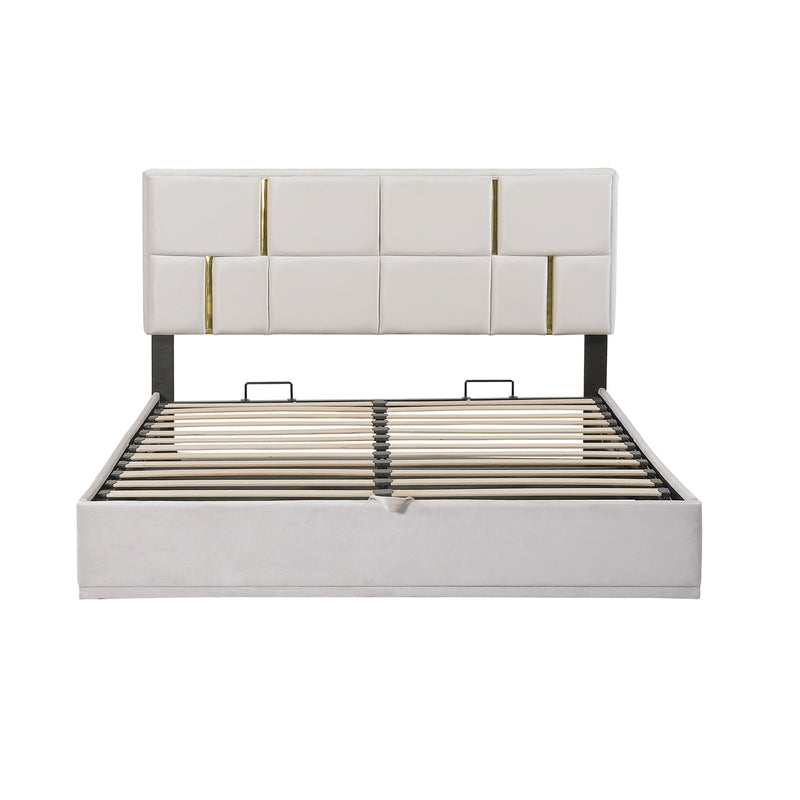 Queen Size Upholstered Platform Bed with Hydraulic Storage System,No Box Spring Needed,Beige