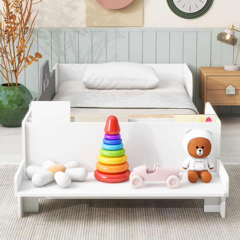 Car-Shaped Twin Wood Bed with Bench,White