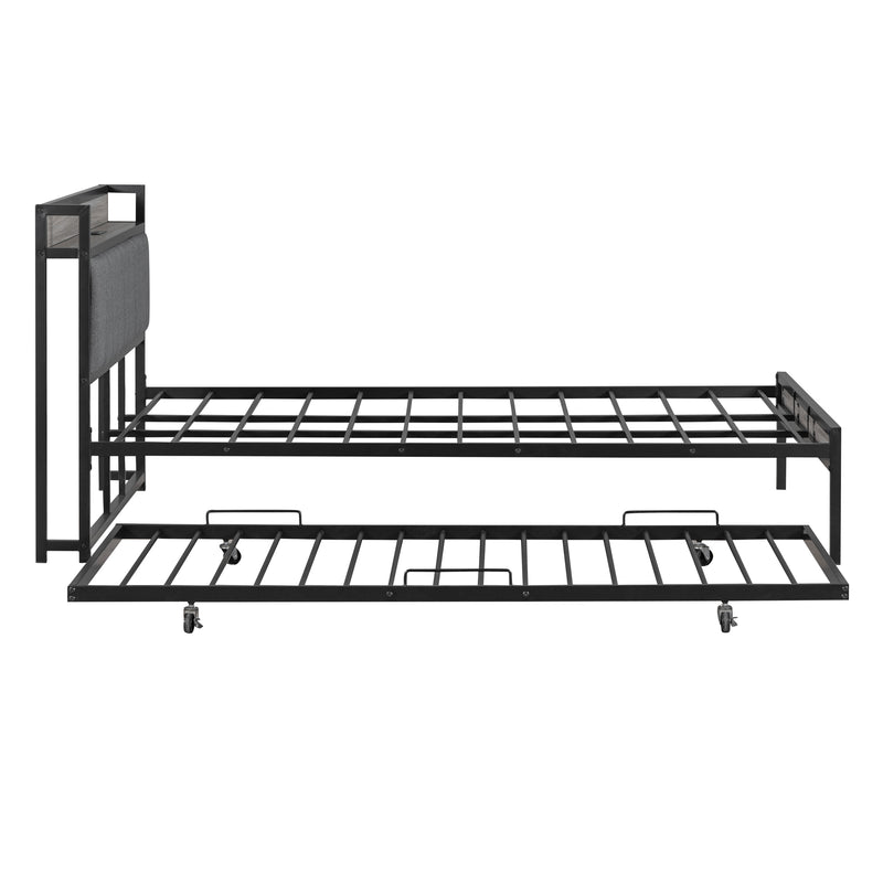 Queen Size Metal Platform Bed Frame with Twin size trundle, Upholstered headboard, Sockets, USB Ports and Slat Support, No Box Spring Needed, Black