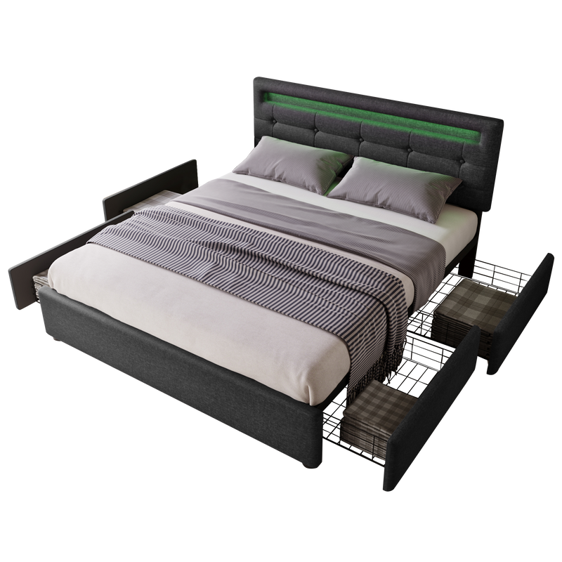 Bed Frame Queen Size, Upholstered Platform Bed Frame with 4 Storage Drawers and LED Lights & Adjustable Headboard,No Box Spring Needed,Grey