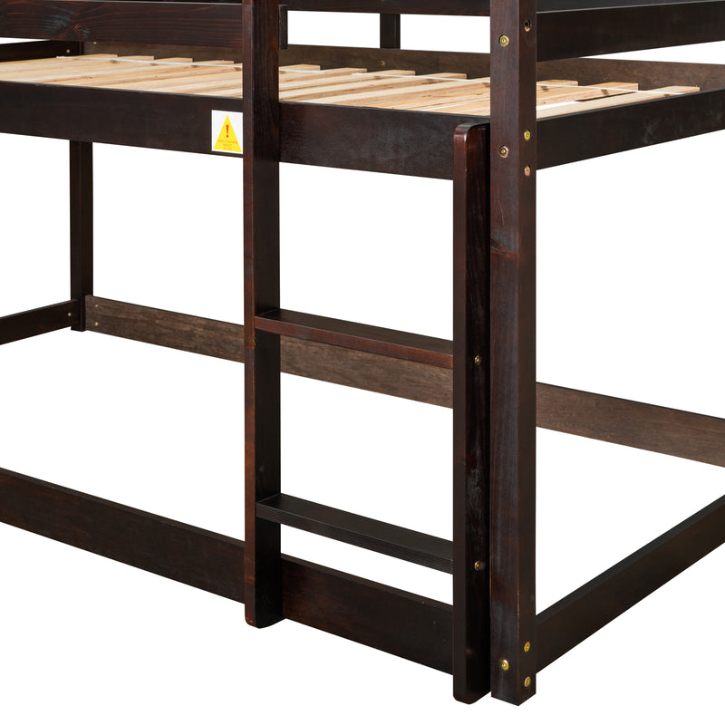 Twin over Twin Loft Bed with Roof Design, Safety Guardrail, Ladder, Espresso