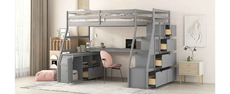 Twin Size Loft Bed with 7 Drawers 2 Shelves and Desk - Gray