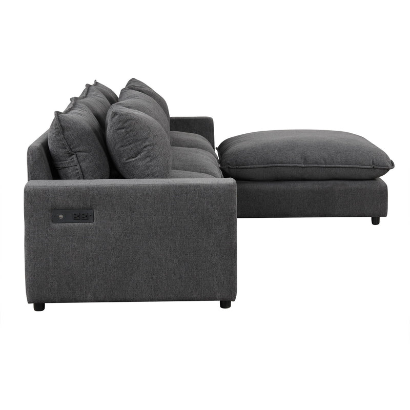 Sectional Sofa Cloud Sofa Chenille Upholstered Sofa Couch With Movable Ottoman, Comfortable Seat Cushions, Charging Ports And Three Back Pillows For Living Room