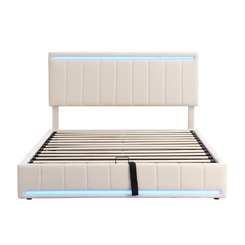 Queen Size Upholstered Platform Bed with Hydraulic Storage System, LED Light, and a set of USB Ports and Sockets, Linen Fabric, Beige