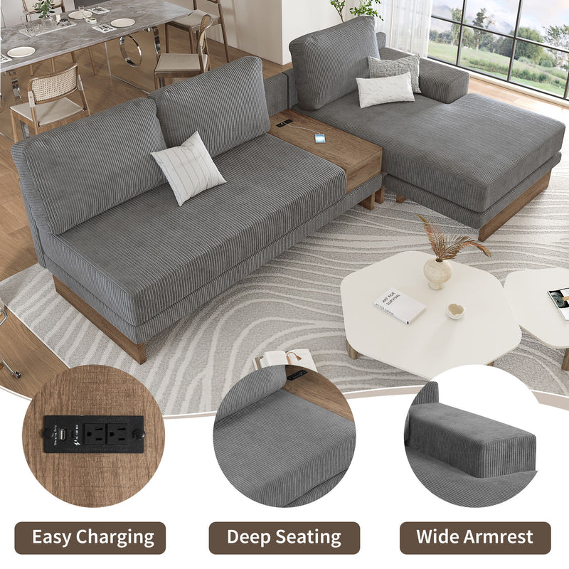 L-Shaped Sofa Sectional Sofa With Two USB Ports And Two Power Sockets, A Storage Drawer And A Reversible Chaise Lounge For Living Room