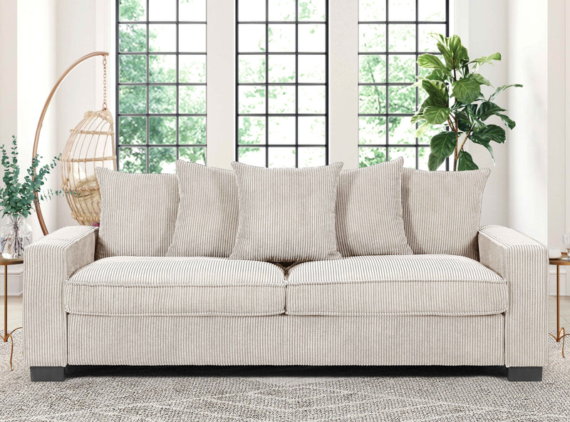 Luxe Corduroy Sofa With 5 Matching Toss Pillows, Sleek Design, Spacious And Comfortable 3 Seater Couch