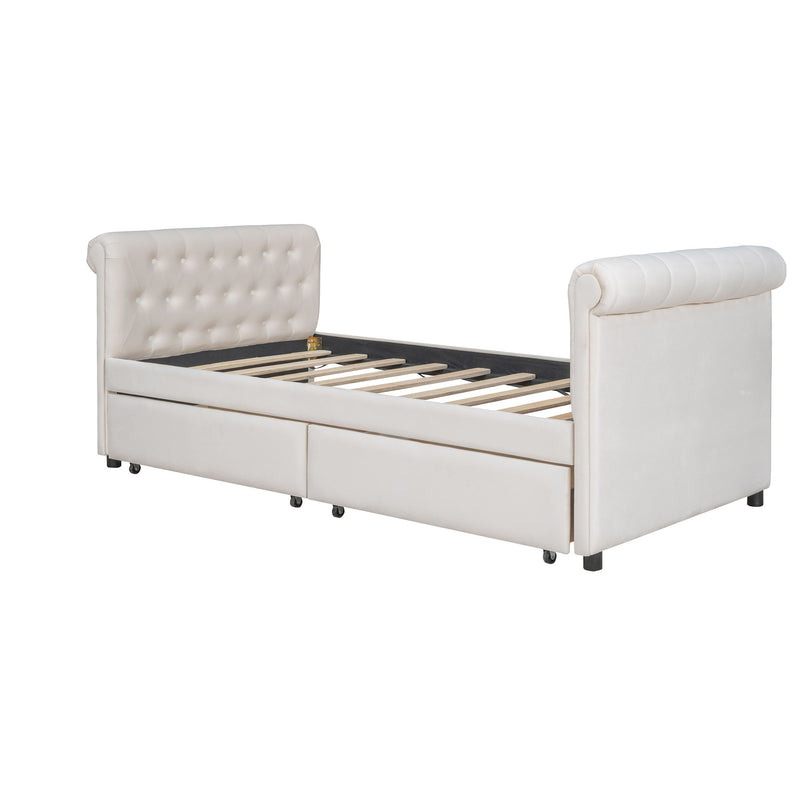 Upholstered Daybed With Drawers, Wood Slat Support