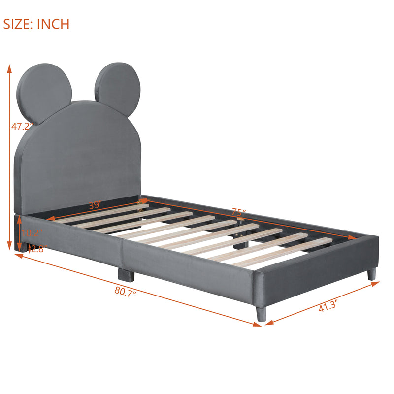 Twin Size Upholstered Platform Bed with Bear Ear Shaped Headboard, Gray