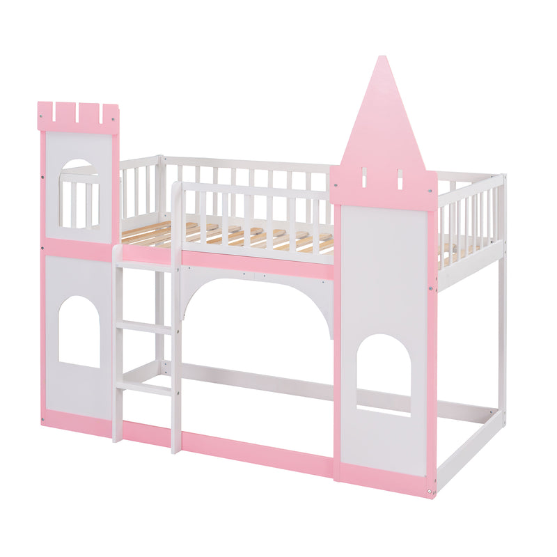 Twin Over Twin Castle Bunk Bed with Ladder - Pink