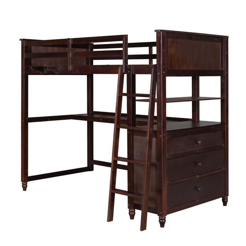 Twin size Loft Bed with Drawers and Desk, Wooden Loft Bed with Shelves - Espresso(OLD SKU: LT001530AAP)