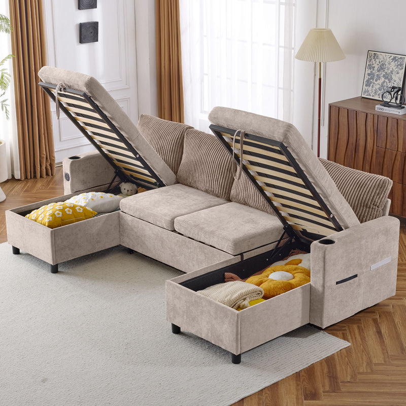 Sectional Sofa Pull Out Sofa Bed Versatile Sofa Sleeper With Large Storage Space, Two USB Ports And Two Cup Holders For Living Room